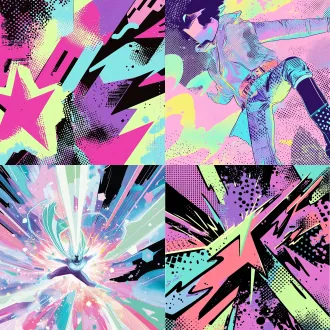 只用于变身与技能特效的视觉语言：厚重叠压的漫画色块、尖锐折线闪电、放射爆裂形、粗描边、网点纹理、锐利星芒、多层错位轮廓和急剧扩张的图形冲击。主要填色替换为清透马卡龙粉、薄荷绿、浅天蓝，允许保留原有深紫、黑色及鲜亮紫色描边。网点是色块表面的漫画纹理。不要带入原图卡通动物、版式、文字与水印。