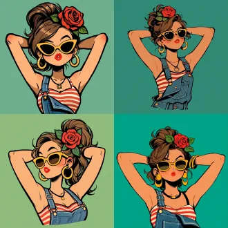美式复古卡通插画头像，少女双手枕在脑后，棕色头发扎高丸子头，头顶别着一朵鲜红玫瑰花配绿叶，黄色方框墨镜，金色大圆环耳环，黑色细颈圈，蓝色牛仔背带裤，内搭红白条纹抹胸，橘红色嘟嘟唇，淡淡的腮红，简约青绿色纯色背景，粗黑轮廓线条，平涂配色，松弛随性的神态，手绘质感，2d 插画，头像构图，4k 高清