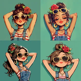 美式复古卡通插画头像，少女双手枕在脑后，棕色头发扎高丸子头，头顶别着一朵鲜红玫瑰花配绿叶，黄色方框墨镜，金色大圆环耳环，黑色细颈圈，蓝色牛仔背带裤，内搭红白条纹抹胸，橘红色嘟嘟唇，淡淡的腮红，简约青绿色纯色背景，粗黑轮廓线条，平涂配色，松弛随性的神态，手绘质感，2d 插画，头像构图，4k 高清