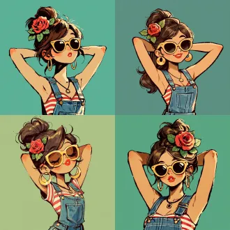 美式复古卡通插画头像，少女双手枕在脑后，棕色头发扎高丸子头，头顶别着一朵鲜红玫瑰花配绿叶，黄色方框墨镜，金色大圆环耳环，黑色细颈圈，蓝色牛仔背带裤，内搭红白条纹抹胸，橘红色嘟嘟唇，淡淡的腮红，简约青绿色纯色背景，粗黑轮廓线条，平涂配色，松弛随性的神态，手绘质感，2d 插画，头像构图，4k 高清