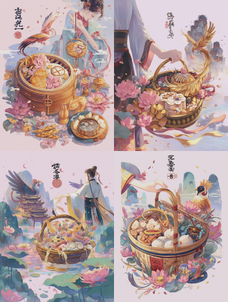 bazhen pastries with all ingredients， hand holding basket， phoenix， misty mountains， ancient temples， lotus flowers， traditional clothing， red seal stamp， masterpiece， top quality， ultra-detailed， high saturation， soft lighting， commercial poster style， same composition as reference， centered， epic scale， warm tones， cinematic lighting， elegant， serene.