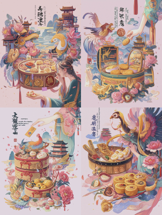 强化质感：新增masterpiece, top quality, ultra-detailed, high saturation, soft lighting，让画面更精致、更有商业海报的质感。 突出主题：明确标注bazhen pastries (八珍糕)，并完整列出所有食材，确保 ai 精准还原核心元素。 还原国风细节：保留了参考图的phoenix, misty mountains, ancient temples, lotus flowers, traditional clothing等标志性元素，同时补充了red seal stamp，呼应原图的印章设计。 适配构图：通过same composition and layout as the reference image锁定了 “手 + 提篮” 的核心结构，保证和原图一样的视觉冲击力。