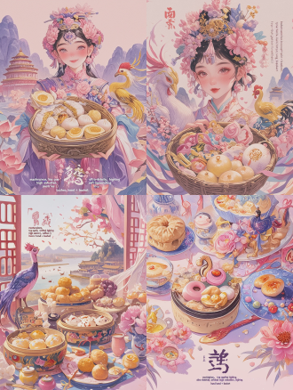 强化质感：新增masterpiece, top quality, ultra-detailed, high saturation, soft lighting，让画面更精致、更有商业海报的质感。 突出主题：明确标注bazhen pastries (八珍糕)，并完整列出所有食材，确保 ai 精准还原核心元素。 还原国风细节：保留了参考图的phoenix, misty mountains, ancient temples, lotus flowers, traditional clothing等标志性元素，同时补充了red seal stamp，呼应原图的印章设计。 适配构图：通过same composition and layout as the reference image锁定了 “手 + 提篮” 的核心结构，保证和原图一样的视觉冲击力。
