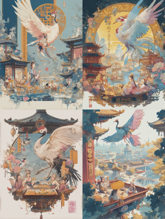 国风插画风格，工笔国潮，淡蓝色主调，中华凤头燕鸥傲立，人物手持精致食盒内置金黄八珍糕，背景融合浙江山水古塔建筑，前景人物围坐制作品尝糕点，点缀兰花莲花祥云水纹，细腻线条，柔和色彩渐变，丰富细节，鸟瞰视角，柔光，高细节，充满浙江地域文化特色与唯美浪漫氛围。