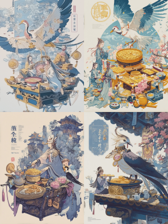 国风插画，八珍糕与浙江符号主题，淡蓝色调，工笔国潮风格，主体为一只华丽的中华凤头燕鸥，一只手提着装满金黄饱满八珍糕的精致食盒，背景融合浙江山水、古塔与传统建筑，前景是人物围坐制作、品尝八珍糕，点缀盛开的兰花、莲花与祥云水纹，线条细腻精致，色彩渐变柔和，细节丰富，整体充满浓郁的浙江地域文化特色与唯美浪漫的氛围