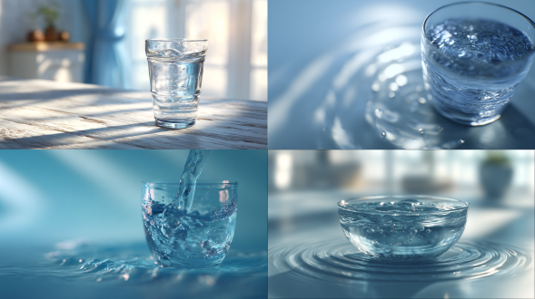 玻璃杯半满水，皮克斯3d风格，高精度建模，透明玻璃质感，水滴细节，柔和室内光，浅景深，微距镜头，蓝白冷色调，简约背景，慢动作水波纹，宁静氛围，高动态范围，逼真反射，精确光影，高清渲染。