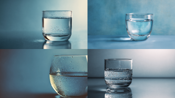 玻璃杯半满水，纯色背景，极简主义，高清晰度，微距镜头，浅景深，柔和散射光，透明质感，水滴细节，冷色调，平静，平衡构图，静物摄影，高分辨率，反光效果，玻璃折射，简约美学