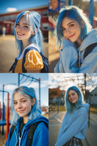 可爱的欧美女高中生，蓝色的发色，头发柔顺，人物特写，学校操场里微笑摆姿势，三分构图，哈苏 x2d 摄影，自然光，青春活泼。