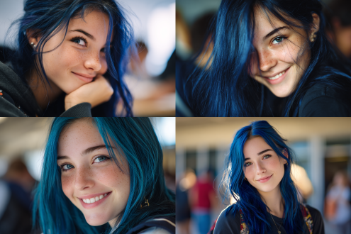 可爱的欧美女高中生，深蓝色的发色，头发柔顺，人物特写，学校里微笑摆姿势，三分构图，哈苏 x2d 摄影，青春活泼。