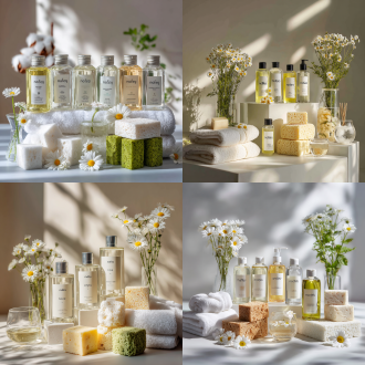 白色台面陈列上有十瓶沐浴露（含"malfey""wogo""notess"标识），搭配蓬松白毛巾、盛液玻璃杯、几何海绵块，点缀自然小雏菊与黄花瓶绿植，柔光浅墙背景营造光影层次，整体清新雅致，传递舒适生活美学。