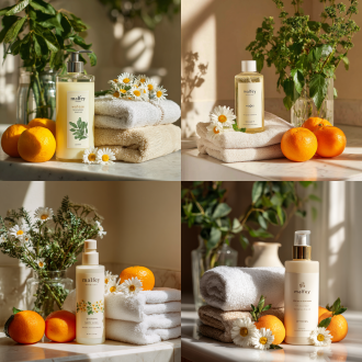 白色台面陈列上有一瓶沐浴露（含"malfey""wogo""notess"标识），搭配蓬松白毛巾、橘子，点缀自然小雏菊与黄花瓶绿植，柔光浅墙背景营造光影层次，整体清新雅致，传递舒适生活美学。