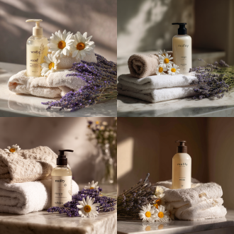 白色台面陈列上有一瓶沐浴露（含"malfey""wogo""notess"标识），搭配蓬松白毛巾、薰衣草，点缀自然小雏菊与薰衣草，柔光浅墙背景营造光影层次，整体清新雅致，传递舒适生活美学。