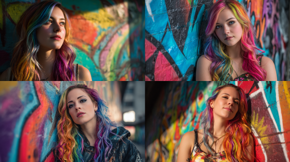 a young european-american woman with long, rainbow-colored hair in a wavy hairstyle, with vibrant colors of blue, purple, green, yellow, red, pink, orange, and black contrasting sharply with her skin tone, is positioned on the right side of a half-length panoramic photo of a graffiti wall with an interplay of light and shadow, shot in 8k uhd resolution.