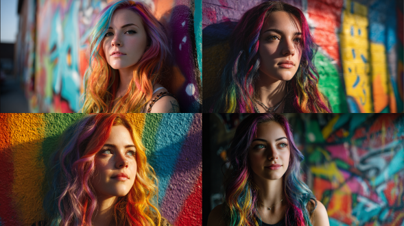 a young european-american woman with long, rainbow-colored hair in a wavy hairstyle, with vibrant colors of blue, purple, green, yellow, red, pink, orange, and black contrasting with her skin tone, is positioned on the right side of a half-length panoramic photo of a graffiti wall, shot from the front with an interplay of light and shadow, captured in 8k uhd resolution.