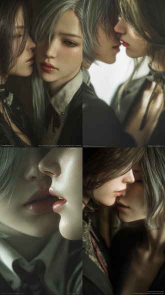 2.5d cgi写实风格，力求呈现照片般逼真的效果。两位魅力四射、成熟优雅的东方美人，融合了《尼尔：机械纪元》和《最终幻想vii重制版》的风格。她们身材高挑完美，微微张嘴吐舌，神态轻松自在，身着现代职业套装。其中一位俯身轻吻另一位的颈项，轻柔地亲吻。背景虚化，展现出丰富的纹理细节，光影效果也十分精妙。画面强调高清、光滑无瑕的肌肤，自然流畅的发丝，以及接近真实摄影的色彩还原。图像采用4k分辨率，呈现极致的细节渲染。