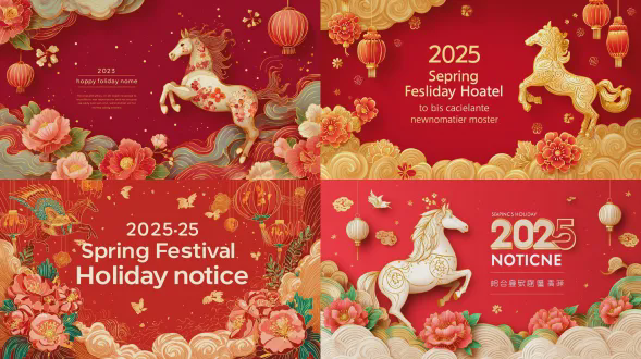 a lively, elegant running horse in mid-air, surrounded by swirling auspicious clouds, traditional chinese lanterns, and blooming peonies. the background is gradient crimson red with subtle golden texture. “2025 spring festival holiday notice” is clearly presented in a clean, bold font at the center, with ample blank space around it. stylized in modern chinese neo-traditional illustration, flat design with delicate gold line art, vibrant and festive color palette. the composition is dynamic yet balanced, with a clear area for text.