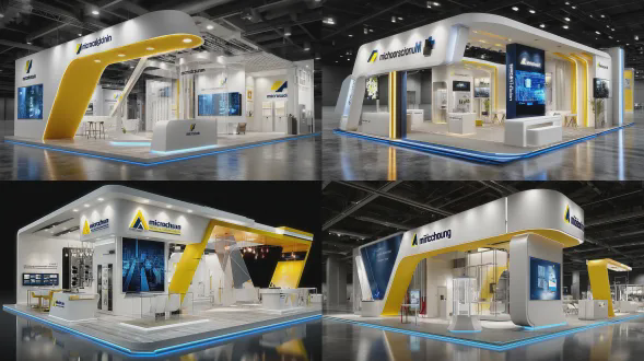 a highly detailed 3d exhibition booth design, 6x9 meters with three open sides, in a clean tech style. dominant white color scheme with red and blue accents. features: a prominent "microchong semiconductor" logo in modern typography, a large curved led screen as visual centerpiece, a sleek enclosed vip room with frosted glass panels, and a hidden storage room with seamless doors. transparent acrylic display cases with glowing semiconductor products, dynamic blue led light strips along the floor edges, and geometric red structural supports. minimalist white furniture with interactive touch panels, floating ceiling elements with ambient lighting, polished epoxy flooring reflecting light. clean lines, futuristic materials, and an atmosphere of innovation and precision