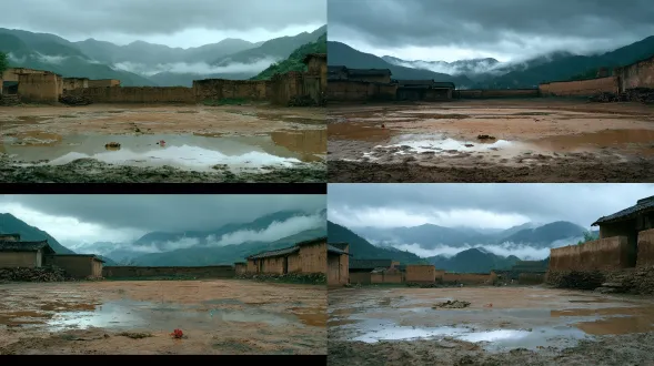 16:9 cinematic wide shot, photorealistic film still, an empty rural village threshing ground in a northern chinese mountain village after heavy rain, overcast grey sky with low oppressive clouds, wet air. waterlogged yellow mud ground, muddy reflective surface, scattered puddles mirroring the sky. a large open central area with a few rotten vegetable leaves and a small plastic red flower hair clip pressed into the mud. background low adobe earth-brick houses and weathered rammed-earth walls, stacks of firewood by the corner. distant layered green mountains shrouded in white mist. dominant color palette grey-blue and earthy yellow, heavy and desolate mood, pre-storm tension. cinematic realistic lighting, soft overcast natural light, no people, no human figures, empty location concept art.