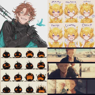 一套表情包插画，呈六图矩阵排列，风格委婉夸张。solo, looking at viewer, blonde hair, red eyes, 1boy, holding, jewelry, sitting, weapon, male focus, holding weapon, armor, fingernails, glowing, spiked hair, polearm, glowing eyes, spear, holding polearm 背景干净简单。