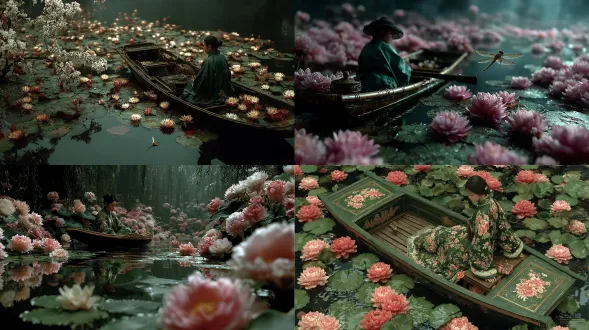 渊荷灵境，青衫隐士坐于荷舟轻荡莲海，灵蜓逐舟盘旋飞舞，场景宏大，人物渺小；风格：超写实国风意境摄影，温润细腻，中式仙逸美学；构图：圆形框景，虚实交织；视角：低仰；色彩：藕粉 + 苍绿 + 蜜金 + 墨灰