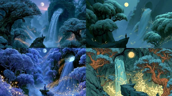 画面上方正中悬浮一轮圆满皓月，月光照入幽深仙境，奇特树木拥有珊瑚状枝干与银蓝色叶冠，沿环形山壁生长；瀑布从高处月洞垂落，水帘如练，在山谷间回旋成瀑帘。无数发光蝴蝶绕着瀑布和奇树盘旋，柔光在水雾里织成金色弧线。云海般的林间雾气中央凸起窄小石台，古装古人渺小立于台上，被瀑布、蝴蝶与异树环抱，仰望圆月。超写实国风意境摄影，温润细腻，中式禅意美学；对角线动势构图，平视略低机位，月白、鎏金、墨绿配色。