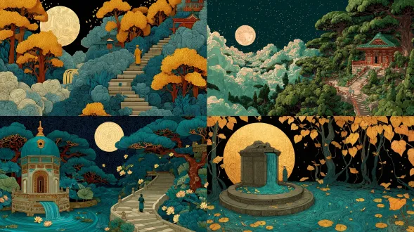 一轮圆满皓月悬浮在画面顶部正中，环形瀑布从圆月映照的云台垂落，水帘包围整片松林云海；山间奇特树木形如莲台叠生，枝干弯曲交错，树冠泛着月光银辉。无数流光蝴蝶穿梭于瀑布水帘、翻腾云海与奇树枝叶间，金色蝶光穿透水雾。云海中央凸起一方窄小石台，渺小古装古人独立石台，被飞瀑、异树和蝴蝶环抱，仰望圆月。超写实国风意境摄影，温润细腻，中式禅意美学；满幅层叠构图，平视视角，月白、鎏金、松青配色。