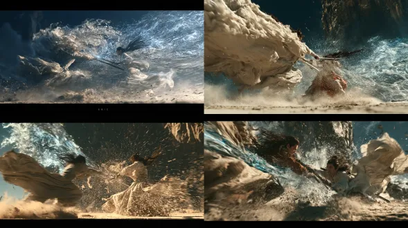 epic cinematic battle scene, two east asian xianxia cultivators dueling with swords mid-clash, dynamic diagonal composition, one figure lunging forward with sword strike while the other parries in a defensive stance, flowing traditional robes and long hair whipped violently by the force of combat, visible qi energy swirling around blades, sparks and shockwave ripples radiating from the point of sword contact, dust and debris kicked up from the ground, dramatic low-angle shot emphasizing scale and intensity, high contrast lighting with strong rim light separating figures from dark background, glowing blue and silver sword energy against a stormy or mountain cliff backdrop, motion blur on fabric and weapon trails, cinematic wide shot, film grain, intense and powerful atmosphere, fantasy realism,visible sword qi taking translucent elemental form