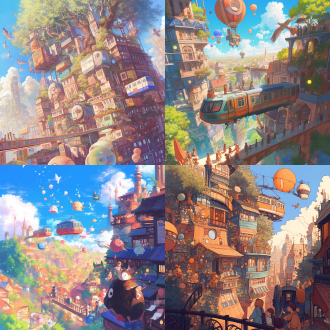 busy town, illustrations, hayao miyazaki style, surrealistic, floating, people and animals, balls, fruits small town in forest, nature and town blending together, hayao miyazaki style, birds and animals roaming, floating lanterns, gentle lighting, warm tones, dreamy futuristic town, robots and humans living together, colorful trains flying, miyazaki-inspired, floating houses, busy streets, playful style, cute details, storybook illustration fantasy town, floating islands, magical creatures, hayao miyazaki style, vibrant colors, surreal buildings, children and animals exploring, imaginative, dreamlike busy town, illustration, hayao miyazaki style, detailed, colorful, floating elements, children playing, animals walking on streets, whimsical atmosphere
