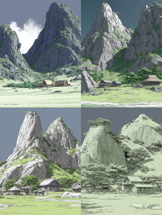 two towering green mountains lie in front of the village, their peaks hidden in milky white mist, with sparse dark green vegetation covering the grayish - green slopes. at the foot of the mountains, there are several low yellowish - brown thatched cottages.