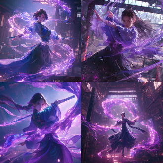一个帅气中国女生，犀利的眼神，清晰的五官，穿着汉服，正在战斗，身体围绕着紫色的雾气，符文环伺，武术动作 赛博朋克风格，油画质感，全长镜头，3d艺术，细节丰富，未来主义 全息现实，全息光晕，动态模糊，游戏光效，边缘光，软光，电影边缘光，光线细腻