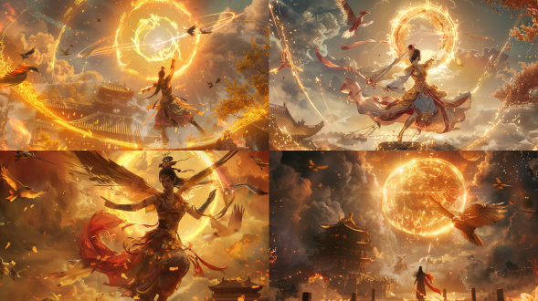 背景为：非常大的太阳在画面中上方，12道激光和4只雕刻的鸟在天空中旋转的巨大太阳鸟金轮，发着金光，“中国女战士跃过西湖遗址的史诗场景，举起燃烧的长矛指向乌云的动态姿势，敦煌飞天丝带（朱/蓝/金）融合的传统盔甲，藤蔓包裹的雷峰塔遗址，火焰燃烧的湖面反射出金色的光芒，三位动画，大场景，全息光晕，游戏光效，光线细腻