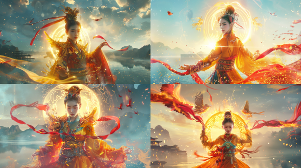 天空中出现一个巨大的太阳图腾，12道光和4只雕刻的鸟在天空中旋转的巨大太阳鸟金轮，占据一半大画面，发着金光，向外散发烟雾，一个东方神族的中国女人，穿着有符文的汉服，发光，神圣，正面，身穿敦煌飞天丝带，腾空而起在画面中心，手上缠绕红丝带与火焰粒子交融，红色火焰缠绕手臂，悬空在湖面上，背景杭州西湖，远处江南，远处是西湖远山，烟雾，湖面蓝色，湖面反射金色夕阳光，三维动画电影感，女主在画面中央红黄色调，发丝发光，湖水背景蓝白色调，画面干净，全息光晕，夕阳光线，空灵光线，游戏光效，光线细腻，干净色调，神级登场大场景壮观