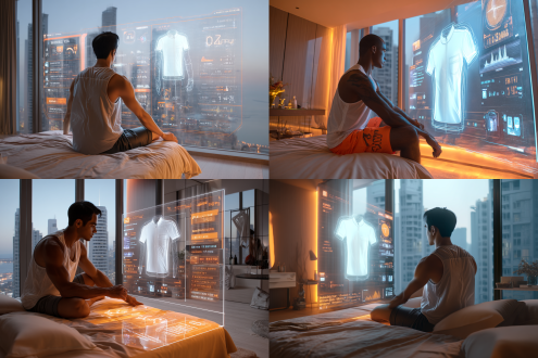 一个健壮的中国男人穿着一件无袖夏装背心，展示着手臂上的肌肉线条，坐在柔软的2米大床上，与一个巨大的发光智能镜子互动。镜子展示了一件虚拟的白色商务衬衫，上面有详细的规格和选项，一个显示正常心率变化、基本代谢指标的健康监测屏幕。他周围是时尚的现代家具、柔和的灯光和可以欣赏到城市景观的大窗户。窗外是现代化的摩天大楼。这是一个未来主义极简主义风格的卧室，橙色的灯光，温暖和凉爽的混合，营造出高科技的氛围，超现实的3d渲染效果，给人一种超现代未来主义的感觉。