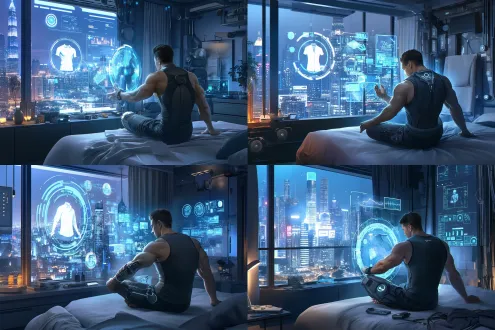 一个健壮的中国男人穿着一件无袖夏装背心，展示着手臂上的肌肉线条，坐在柔软的床上，与一个巨大的发光智能镜子互动。镜子展示了一件虚拟的白色商务衬衫，上面有详细的规格和选项，一个显示正常心率变化、心动图，基本代谢指标的健康监测屏幕。他周围是时尚的现代家具、柔和的灯光和可以欣赏到城市景观的大窗户。窗外是现代化的摩天大楼。这是一个未来主义极简主义风格的卧室，橙色的灯光，温暖和凉爽的混合，营造出高科技的氛围，超现实的3d渲染效果，给人一种超现代未来主义的感觉。