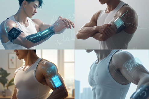 一位帅气健壮的中国男人，身穿白色背心，特写手臂肌肉线条，手臂上贴着一款由透明材料制成的健康手表环扣在手臂上，特写心跳图和健康指标细节，展示全息数据可视化和图表，发光数据流、科幻ui，手臂有电流线路白色发光，，超精细，现代主义未来感客厅为背景，米白色柔和灯光效果，超现实的给人一种超现代未来主义的感觉。8k，超写实现实主义，逼真，质感，细节，