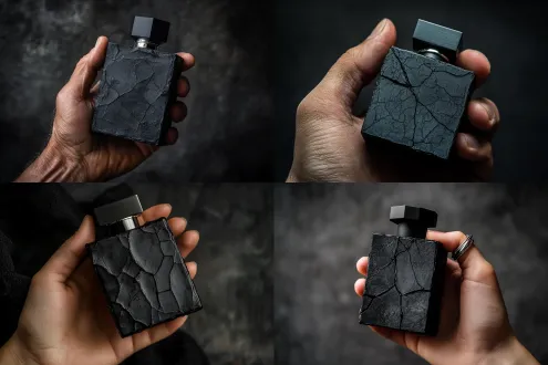 photography, a tired but sophisticated hand with a simple silver ring holds a heavy cubic perfume bottle, the bottle core is made of solid matte black glass, the entire bottle is encased in a layer of black silicone with a rough, cracked texture like cooled lava, the texture is rough yet soft to the touch, top view, shallow depth of field, studio lighting with a single cold light source creating dramatic shadows, dark background, sense of exhaustion and sophistication, commercial photography, hyper-realistic, 8k