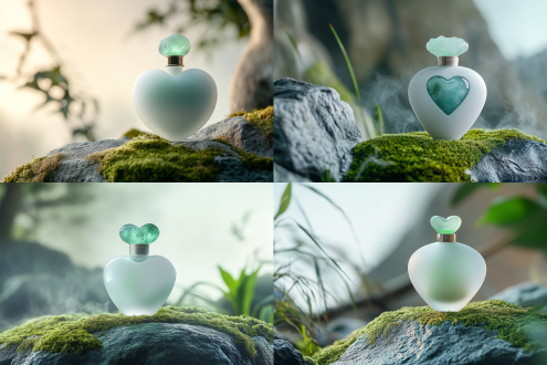 product photography, luxury perfume bottle, on a misty mossy rock in a zen garden, bottle is made of matte white ceramic, the cap is a heart-shaped cloud made of translucent jade green frosted glass with internal green fibre optic glow, minimalist, organic modernism, soft natural diffused lighting, hyper-detailed, 8k, serene atmosphere, shot from a low angle