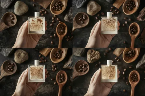 产品摄影，一只3d打印白色仿生手指拿着一个咖啡茶色磨砂不规则玻璃的立方体香水瓶，把瓶子握在手中，与瓶身结合一体，瓶芯由磨砂玻璃制成，瓶身上有装饰破裂的纹理，如咖啡豆磨成的冷却的熔岩的感觉，俯视图，商业拍摄，背景有木勺子、石头、木头、咖啡豆，产生戏剧性的阴影，深色背景，精致感，超现实，8k