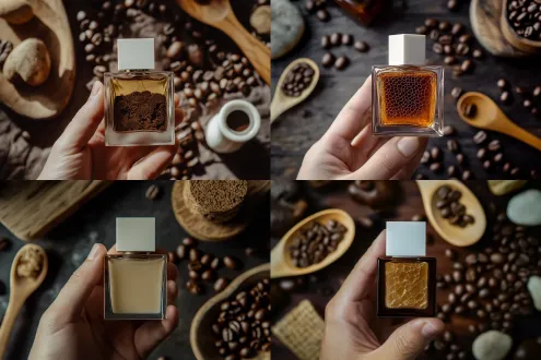 产品摄影，一只手指拿着一个咖啡茶色磨砂不规则玻璃的立方体香水瓶，把瓶子握在手中，瓶盖时白色磨砂材质，瓶芯由磨砂玻璃制成，瓶身上有装饰破裂的纹理，如咖啡豆磨成的冷却的熔岩的感觉，俯视图，商业拍摄，背景有木勺子、石头、木头、咖啡豆，产生戏剧性的阴影，深色背景，精致感，超现实，8k