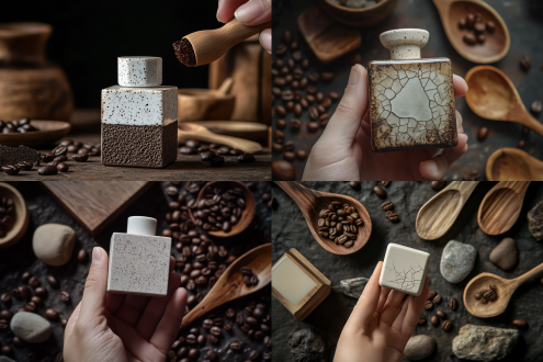 产品摄影，一只手指拿着一个咖啡茶色光滑陶瓷的立方体香水瓶，把瓶子握在手中，瓶盖时白色陶瓷材质，瓶芯由磨砂玻璃制成，瓶身上有装饰破裂的纹理，如咖啡豆磨成的冷却的熔岩的感觉，俯视图，商业拍摄，背景有木勺子、石头、木头、咖啡豆，产生戏剧性的阴影，深色背景，精致感，超现实，8k