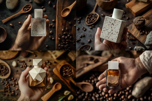 product photography, a 3d-printed white bionic finger holding a coffee-brown matte irregular glass cube perfume bottle, the bottle being held in the hand, integrated with the body, the core of the bottle made of matte glass, the bottle body adorned with decorative cracked textures, giving a sensation of cooled lava ground like coffee beans, bird's-eye view, commercial shoot, background featuring wooden spoons, stones, wood, coffee beans, creating dramatic shadows, dark background, delicate feel, surreal, 8k