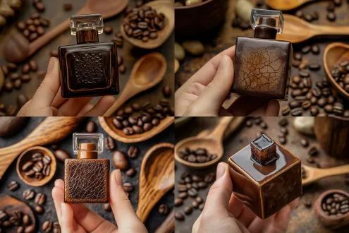 产品摄影，一只手指拿着一个咖啡茶色光滑陶瓷的立方体香水瓶，把瓶子握在手中，瓶盖是一颗冰块形状的玻璃材质，光滑反光，瓶身上有装饰破裂的纹理，如咖啡豆磨成的冷却的熔岩的感觉，俯视图，商业拍摄，背景有木勺子、石头、木头、咖啡豆，产生戏剧性的阴影，深色背景，精致感，超现实，8k