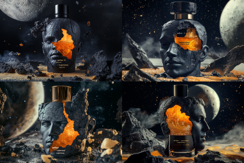 a surreal product photography, the shape of a perfume bottle is a sculpture of a european and american iconic man's head, made of black gypsum material. inside is the liquid perfume. orange lava-like large cracks appear with white light, large fissures, revealing the internal flowing golden sand water, in an artistic style of surrealism. the background is the moon of the earth. the perfume is placed on broken rocks and space dust, with a deep sky in the background. ensure that all elements of the product design, including the text "aether · 'supernova' supernova," are clearly visible. bird's-eye view, commercial shoot, creating dramatic shadows, exquisite feel, surreal, 8k.