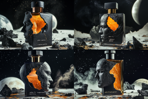 a surreal product photography, the shape of a perfume bottle is a sculpture of a european and american iconic man's head, made of black gypsum material. inside is the liquid perfume. orange lava-like large cracks appear with white light, large fissures, revealing the internal flowing golden sand water, in an artistic style of surrealism. the background is the moon of the earth. the perfume is placed on broken rocks and space dust, with a deep sky in the background. ensure that all elements of the product design, including the text "aether · 'supernova' supernova," are clearly visible. bird's-eye view, commercial shoot, creating dramatic shadows, exquisite feel, surreal, 8k.