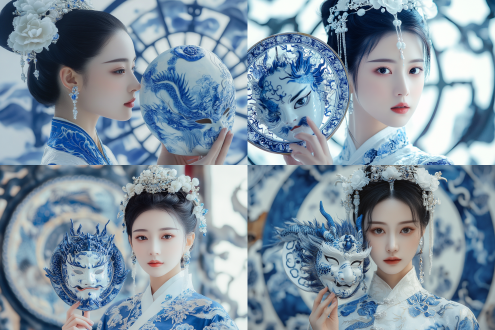 一位穿着中国传统旗袍，上面有青花瓷图案的女人。她有精心制作的发饰，包括蓝色龙形饰品和白色花朵。她手里拿着一个蓝白瓷图案的面具，遮住了部分脸。背景有一个圆形的蓝白图案设计。整体风格是中国传统美学的风格，注重青花瓷元素。