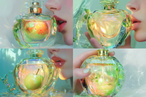 一瓶女士香水，抽象瓶身，浅绿色元素草地味香水，风格以数字艺术家pixeldustpalette，背景是伊甸园苹果，花卉对比色彩张力的梦幻迷人心窍艺术绘画风格，未来主义超现实，