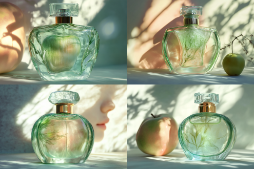 一瓶女士香水，抽象瓶身，浅绿色元素草地味香水，风格以数字艺术家pixeldustpalette，背景是伊甸园苹果，花卉对比色彩张力的梦幻迷人心窍艺术绘画风格，未来主义超现实，商业拍摄，产生戏剧性的阴影，精致感，超现实，8k
