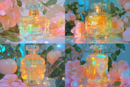 一瓶女士香水，抽象瓶身，不规则瓶身，风格以数字艺术家pixeldustpalette，背景是伊甸园苹果，周围环绕着郁郁葱葱的树叶、超大的花草，许多粉红色的花朵主题艺术、超现实主义的绘画海报、柔和的色彩，以及一个自然和大量绿色植物的丛林般的环境。影，精致感，超现实，8k