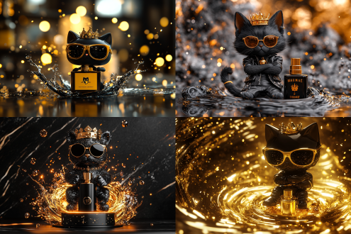 一个酷炫的卡通角色，一只强大的喵星人国王，戴着小小的王冠和荧光墨镜，双臂交叉，被一个带有电火花的黑白金色漩涡环绕坐在香水瓶上。潮流盲盒香水玩具，哑光和光泽质感，3d渲染，戏剧性光线，深色系，站在展示架上，超细节，octane渲染。