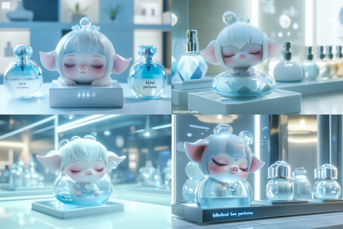 许多款香水，形态是陶釉质感的玻璃的香水瓶，头顶闪是圆润的小萌猪，有两只可爱的耳朵，正面刻在猪鼻子和可爱萌表情，结合泡泡玛特香水盲盒手办形象，颜色以浅蓝色为主。脸上有露珠般的装饰，表情恬静，闭着眼睛仿佛在沉睡，结合香水喷头，香水底座，卡通形象，萌，细节，瓶身形态各异，香水展示，未来香水博物馆“盲盒香水”系列艺术展厅，多种颜色，盲盒香水礼物展示台，超写实超现代主义，科幻感，细节高清，未来主义，超清，细节，blender